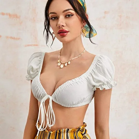 Blouse Front Tie Puff Sleeve Crop Top Women's Sexy Tie Front